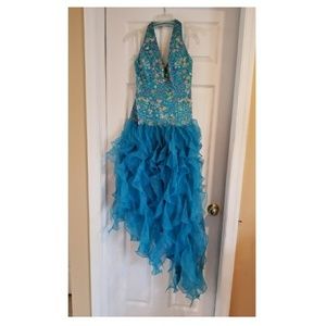 Xcite Beaded Halter Ruffled Slant Prom Gown